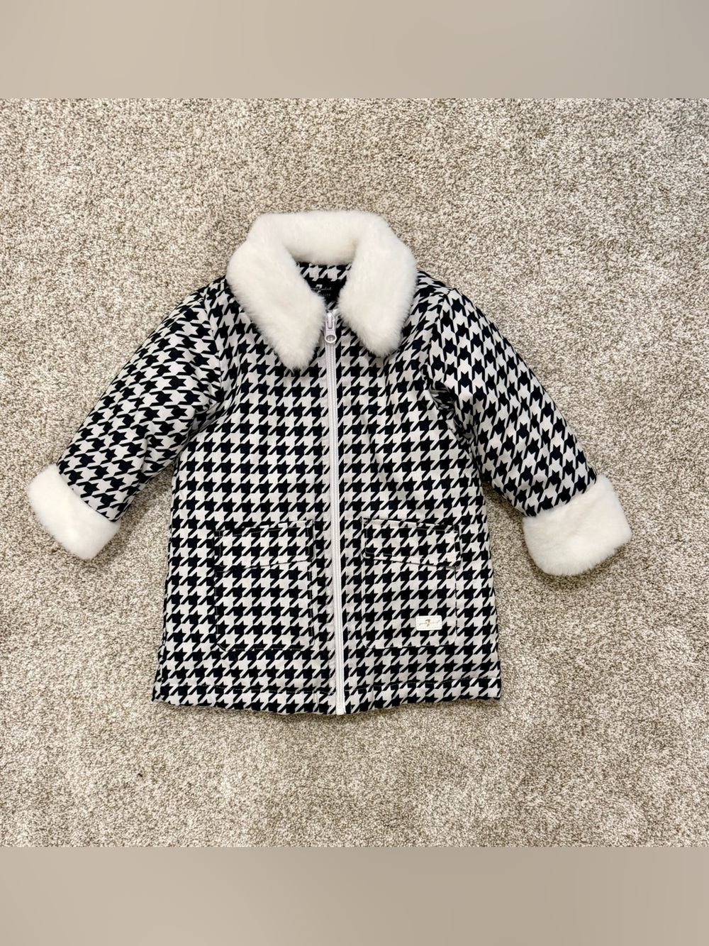 7 For All Mankind Black & White Houndstooth Pea Coat with Faux Fur Trim